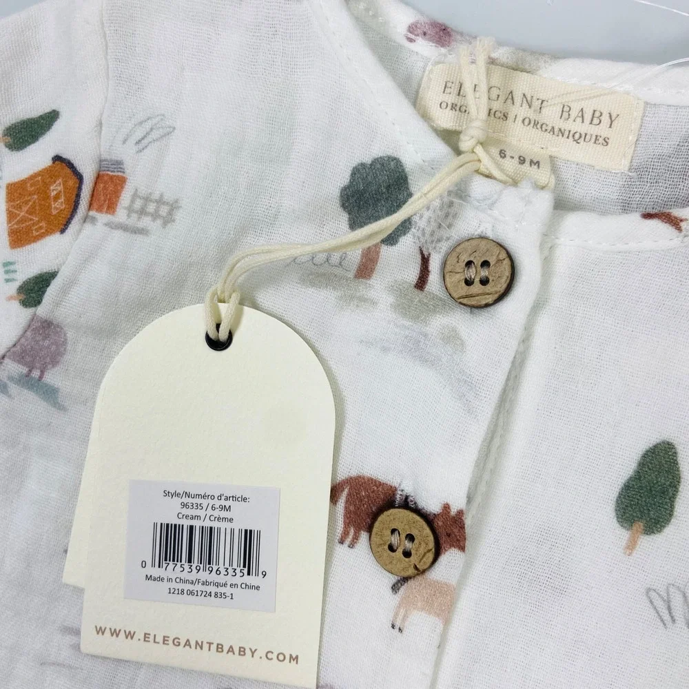 Elegant Baby‎ Kids 6-9M Cream Farm Animal Romper NEW Organic Cotton Muslin Barn